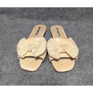 Karl Lagerfeld Paris Sandals Women's 8 Textile Leather Bow Slip On Slide Beige